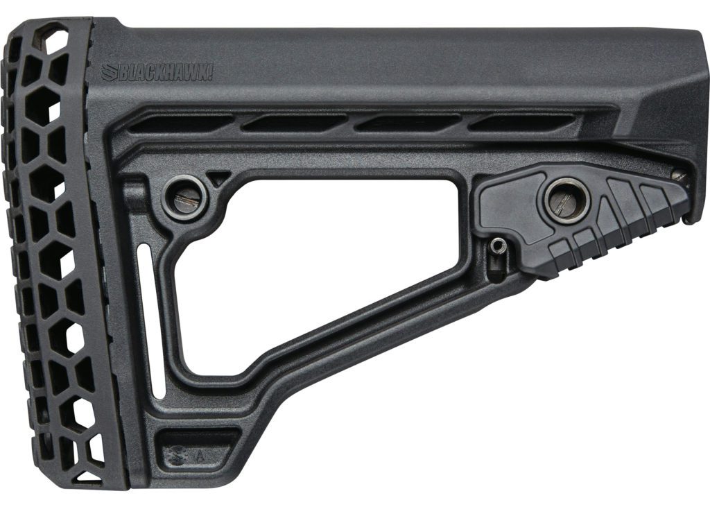 A Blackhawk Knoxx adjustable buttstock allows the user to adjust length of pull.