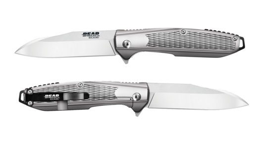 American-built pocketknife features a bead-finish blade, ergonomic stainless-steel handle design, and super-smooth spring action.