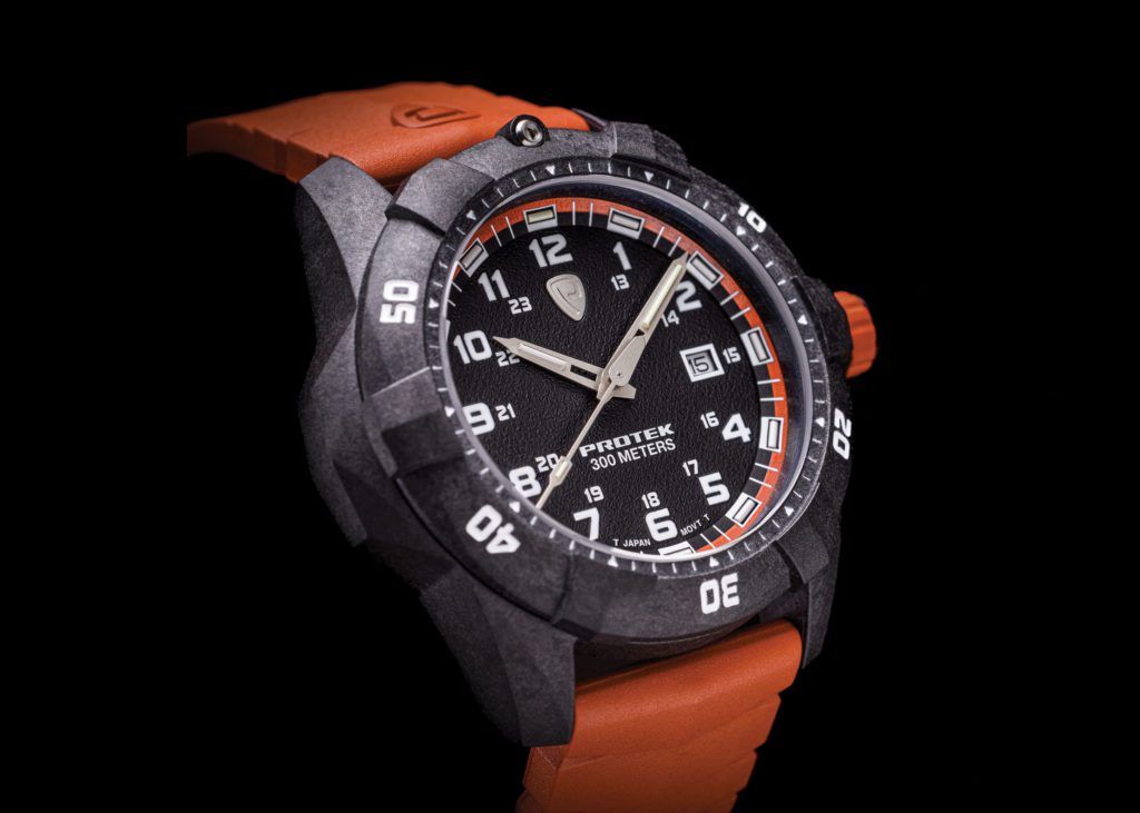 The Series 1000 dive watches are water resistant to 300 meters. The case and bezel are made up of 30 percent carbon and 70 percent polycarbonate.