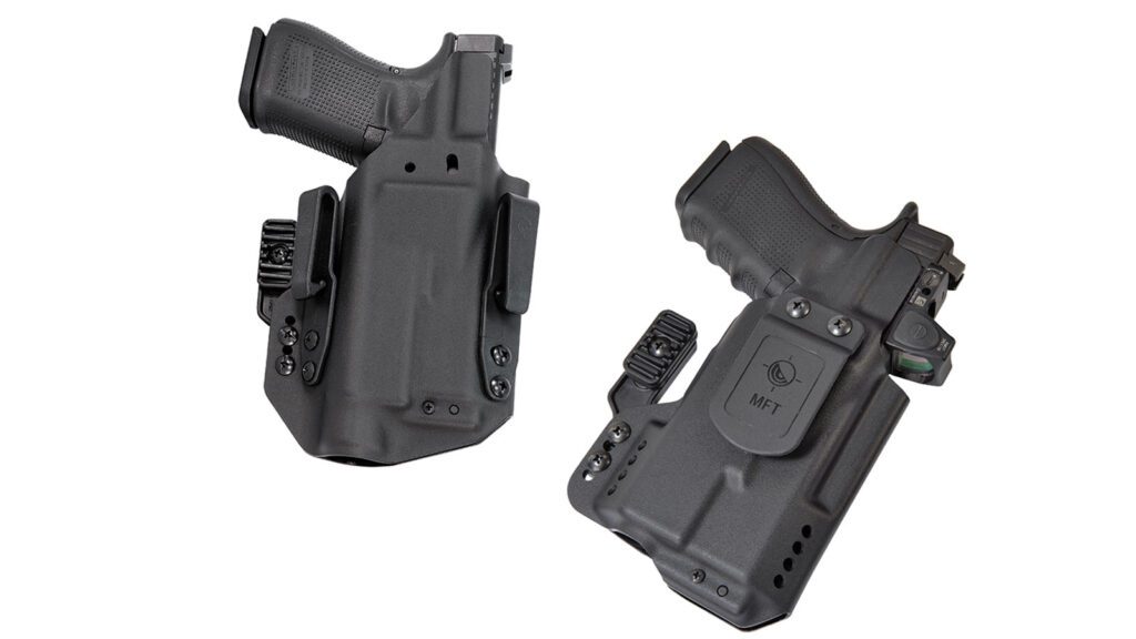 The holster utilizes a patent-pending in-line magnetic retention system with an 11-pound maximum pull. A strong neodymium magnet maintains a fully loaded pistol in the holster without any locking devices.