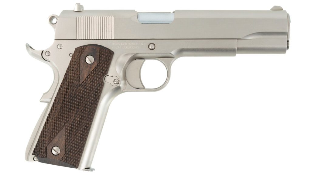 The single-action 1911 A1 Stakeout features a 4140-hammer-forged steel electroless-nickel-finish slide and full-size frame.